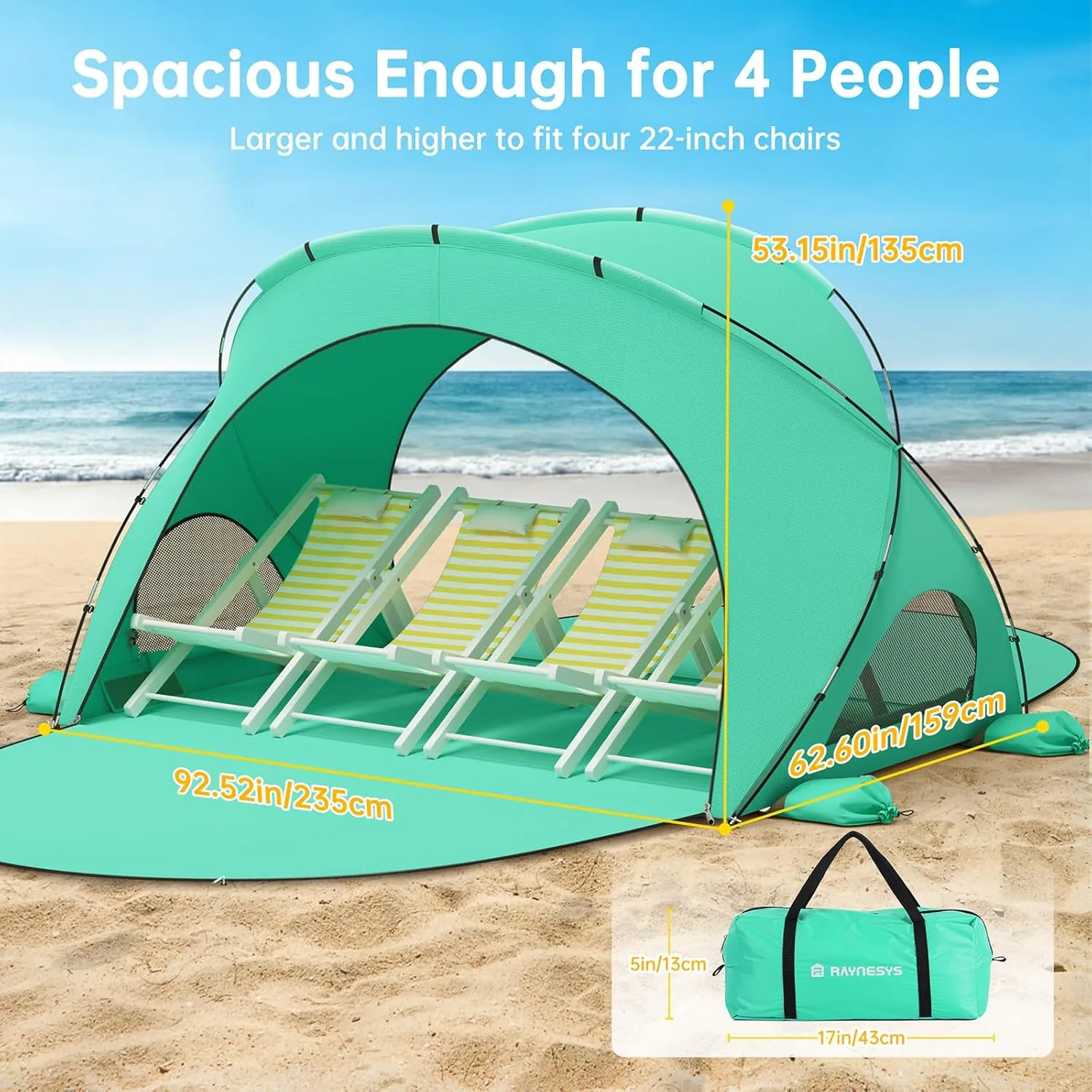 Beach Tent Sun Shelter, Beach Shade Tent with UPF50  UV Protection, Beach Sun Shelter, Beach Shade with 2 Zippered Doors, Portable Beach Tent for Beach Camping Fishing