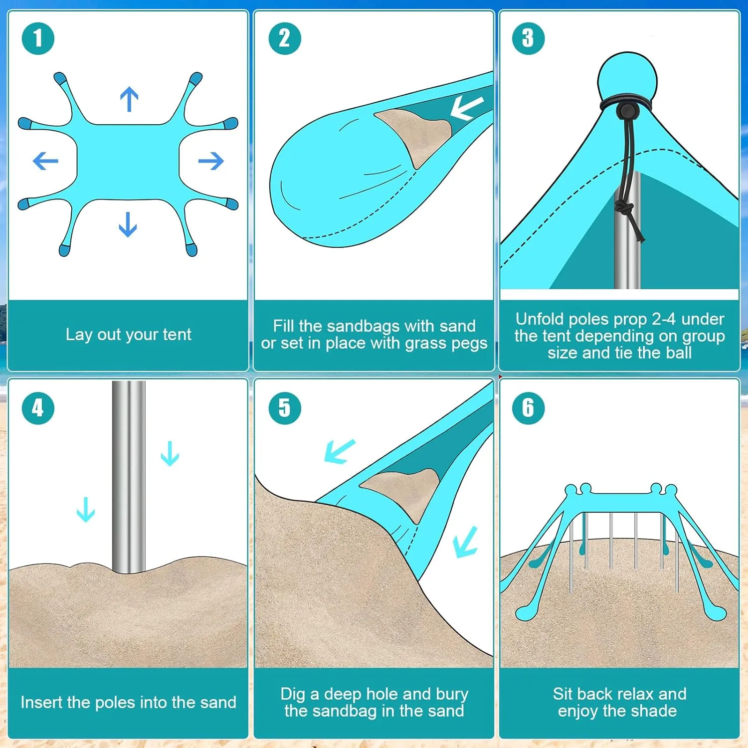 Beach Tent Sun Shelter UPF 50  Beach Shade Canopy Pop up Tent Portable Cabana Outdoor with Aluminum Poles Sandbags Sand Shovel for Camping Fishing Trip Picnic Party