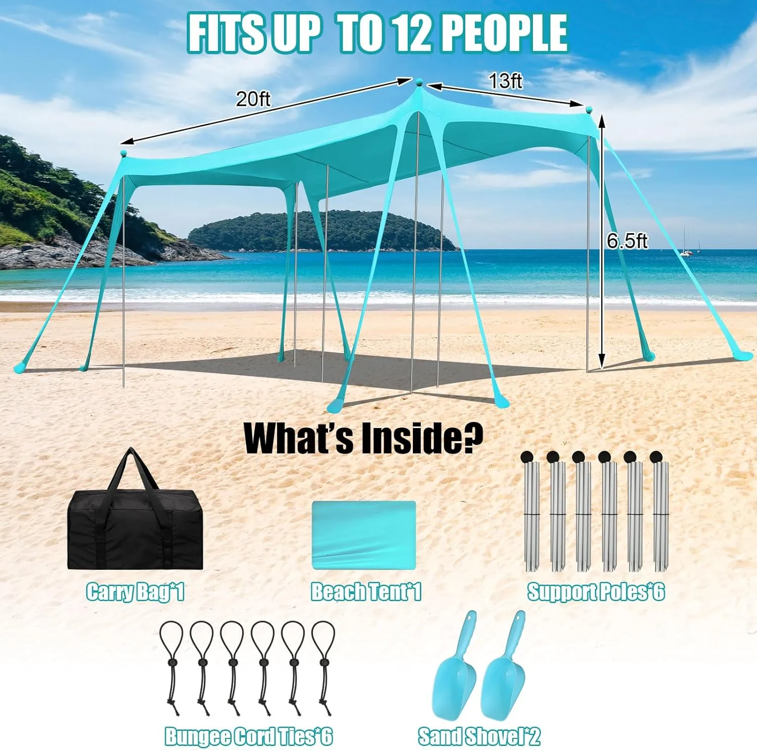 Beach Tent Sun Shelter UPF 50  Beach Shade Canopy Pop up Tent Portable Cabana Outdoor with Aluminum Poles Sandbags Sand Shovel for Camping Fishing Trip Picnic Party