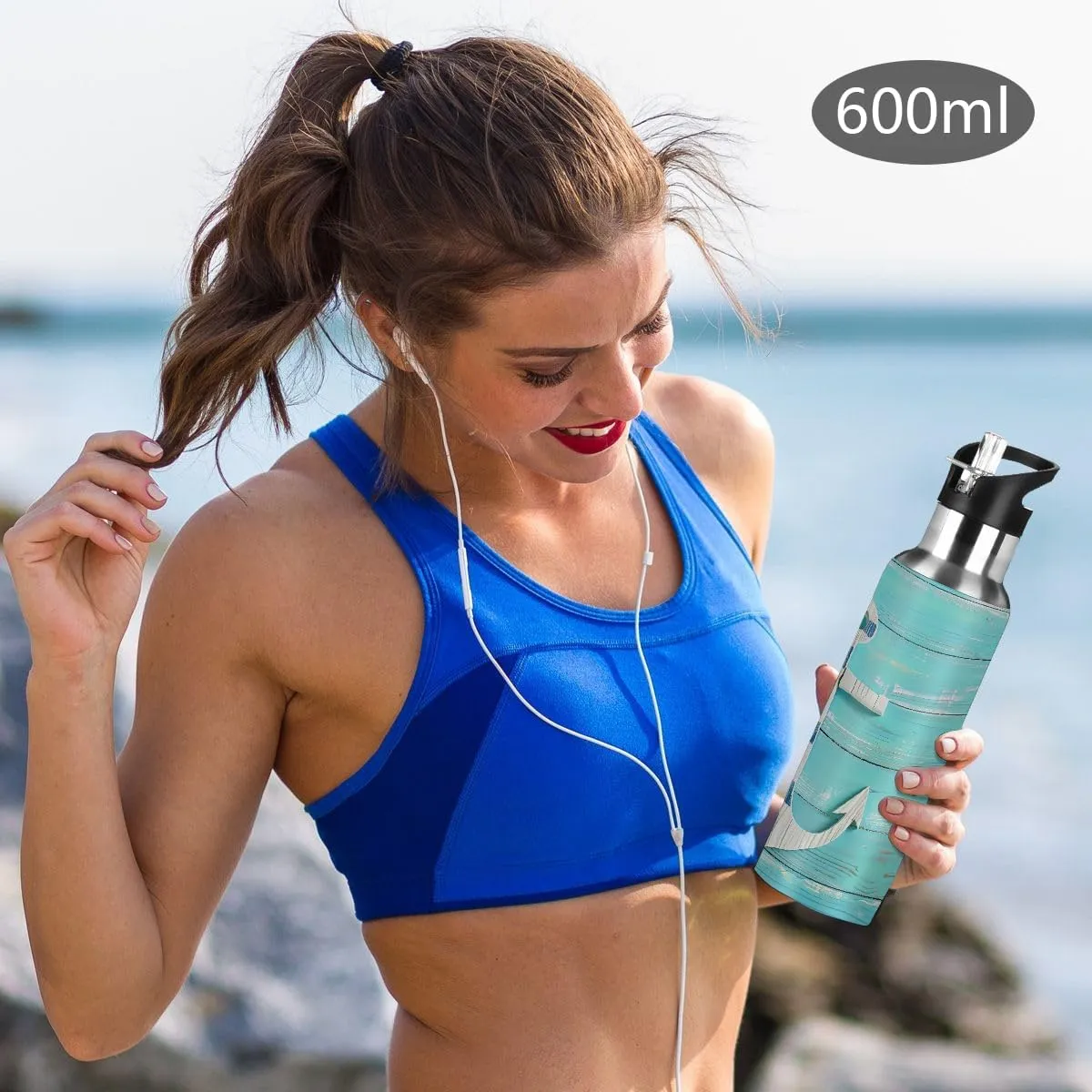Beach Wooden Anchor Stainless Steel Insulated Water Bottle 20oz, BPA-Free Vacuum Flask with Straw & Leak-Proof Lid for Hiking, Gym, Travel