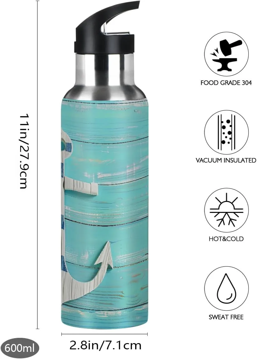 Beach Wooden Anchor Stainless Steel Insulated Water Bottle 20oz, BPA-Free Vacuum Flask with Straw & Leak-Proof Lid for Hiking, Gym, Travel