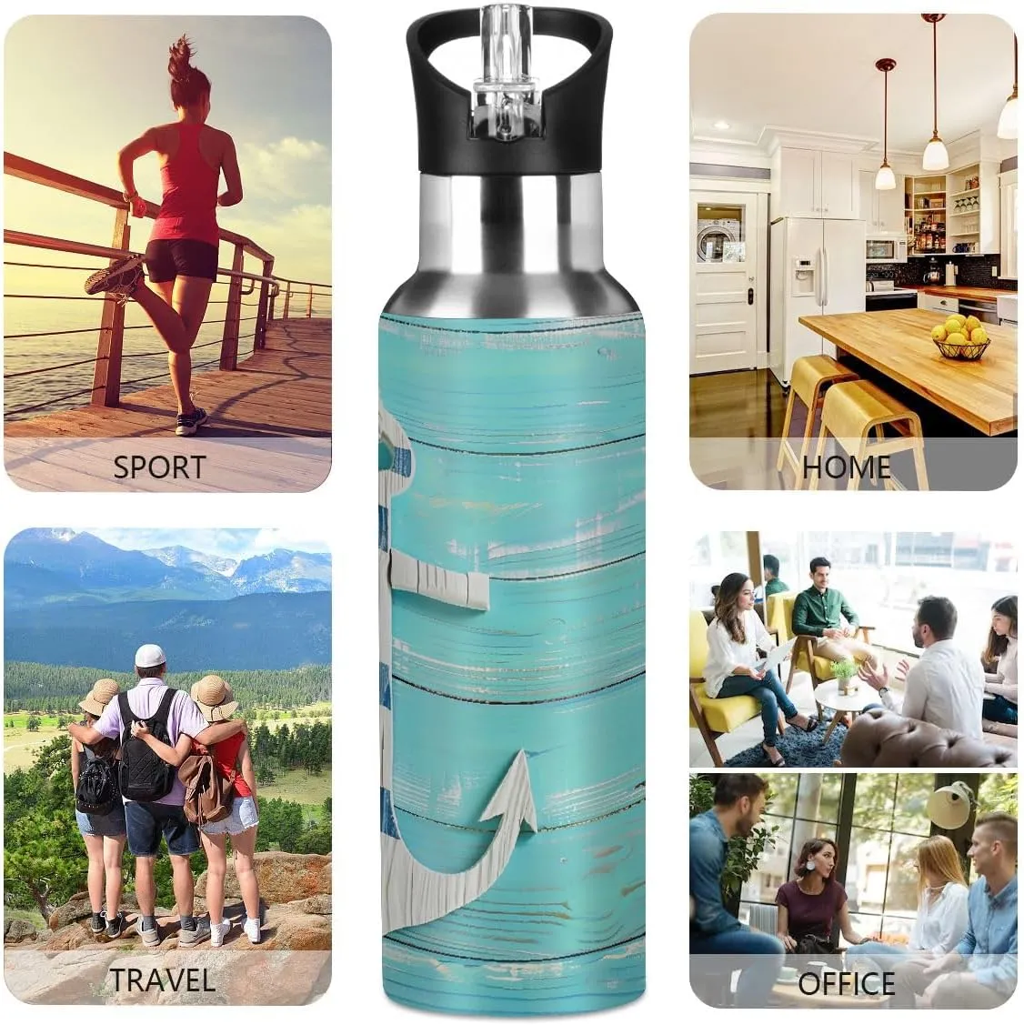 Beach Wooden Anchor Stainless Steel Insulated Water Bottle 20oz, BPA-Free Vacuum Flask with Straw & Leak-Proof Lid for Hiking, Gym, Travel