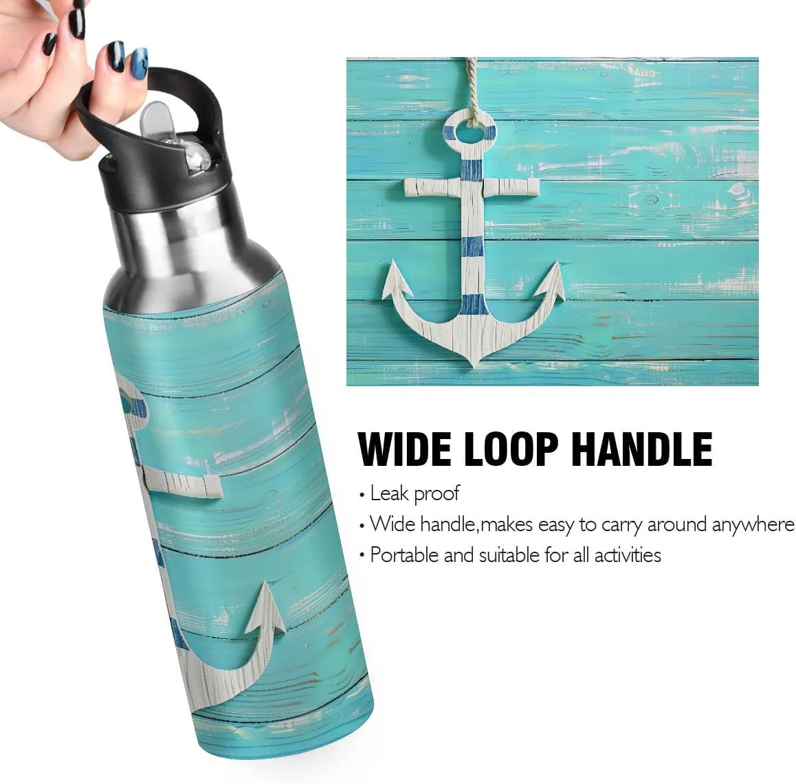 Beach Wooden Anchor Stainless Steel Insulated Water Bottle 20oz, BPA-Free Vacuum Flask with Straw & Leak-Proof Lid for Hiking, Gym, Travel