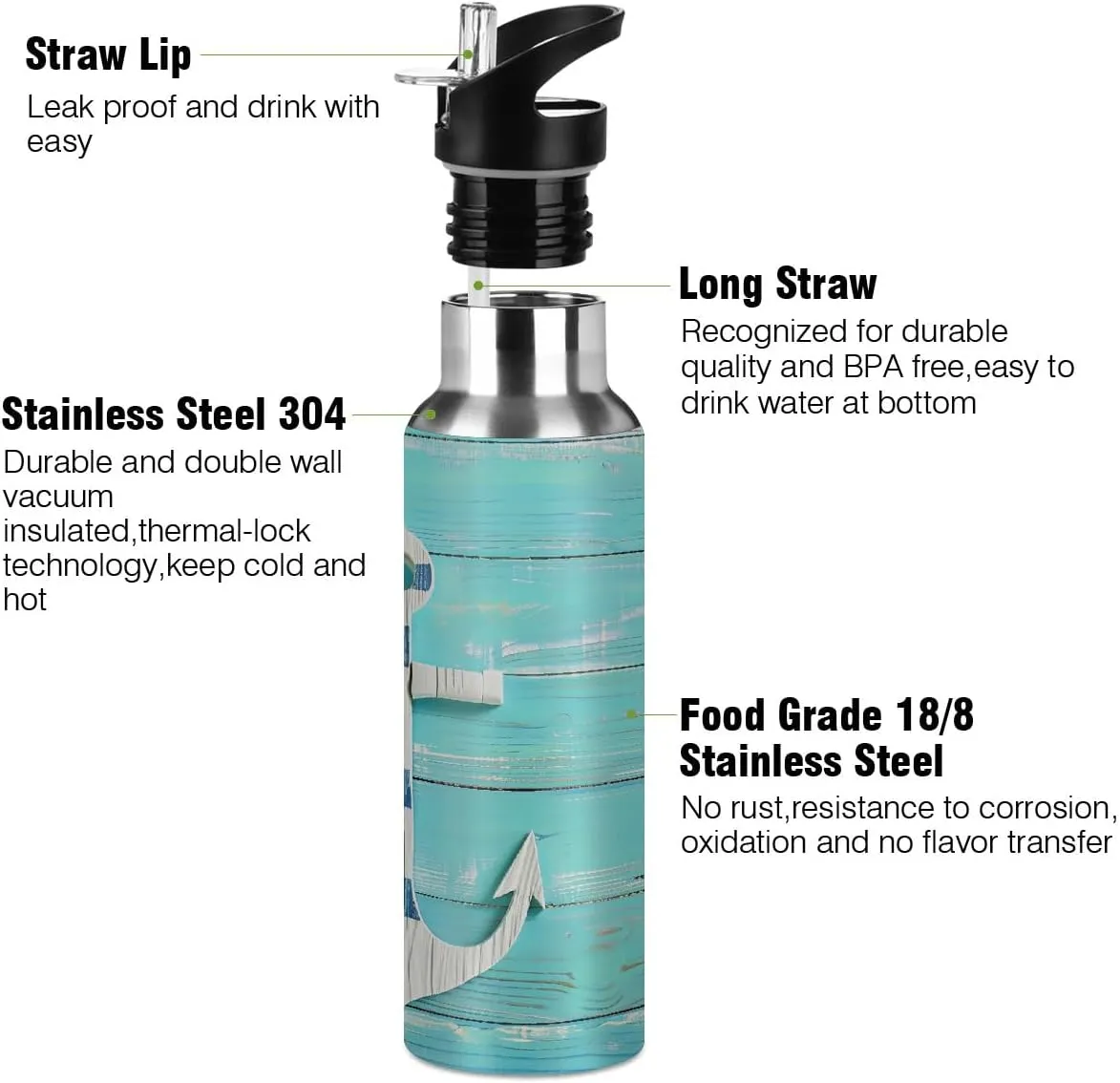 Beach Wooden Anchor Stainless Steel Insulated Water Bottle 20oz, BPA-Free Vacuum Flask with Straw & Leak-Proof Lid for Hiking, Gym, Travel