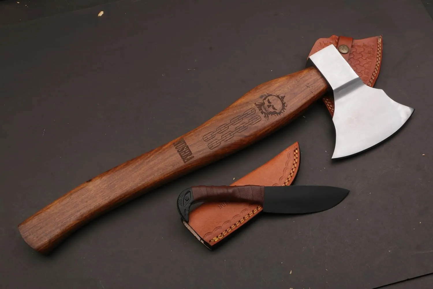 Bearded Viking Axe with Gift Viking Knife Also Leather Sheath | HandForged Carbon Steel bushcraft Hatchet | Vikings Heaven Valhalla (Throwing, Camping, Splitting, Chopping, Hiking) (Axe - 01)