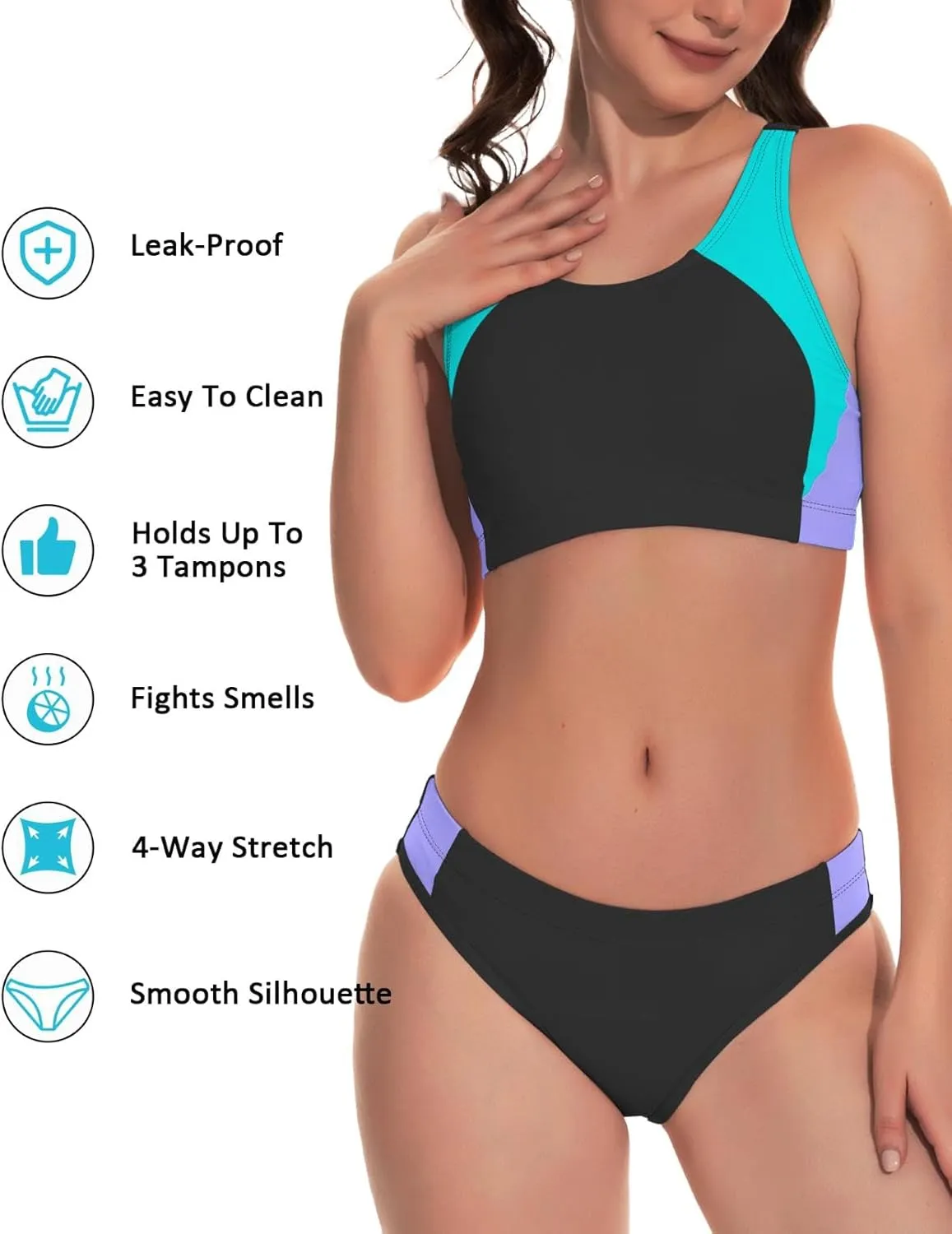 Beautikini Period Swimwear Two Piece Menstrual Leakproof Swimsuit Sporty Bikini Sets Bathing Suit for Teen Girl