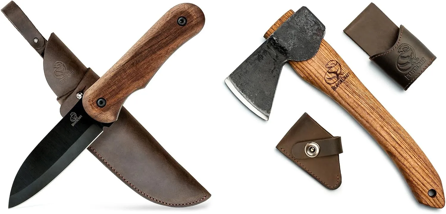 BeaverCraft BSH5 Shadow Bushcraft Knife AX1 Hand Forged Hatchet Axe with Sheath