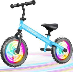 BELEEV C2 Toddler Balance Bike for 2-5 Year Olds with LED Light-Up Wheels, Adjustable Seat & Handlebar & Footrest, 12 inch No-Pedal Training Kids Push Bicycle - First Birthday Gift for Boys & Girls
