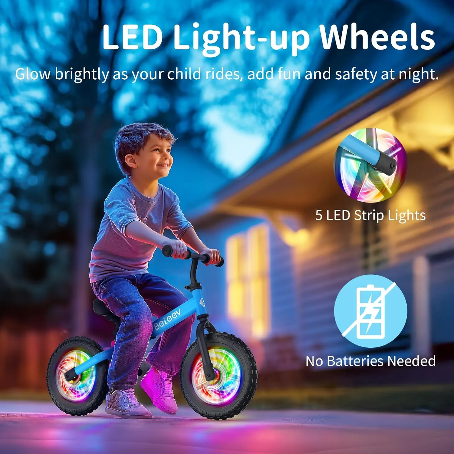 BELEEV C2 Toddler Balance Bike for 2-5 Year Olds with LED Light-Up Wheels, Adjustable Seat & Handlebar & Footrest, 12 inch No-Pedal Training Kids Push Bicycle - First Birthday Gift for Boys & Girls
