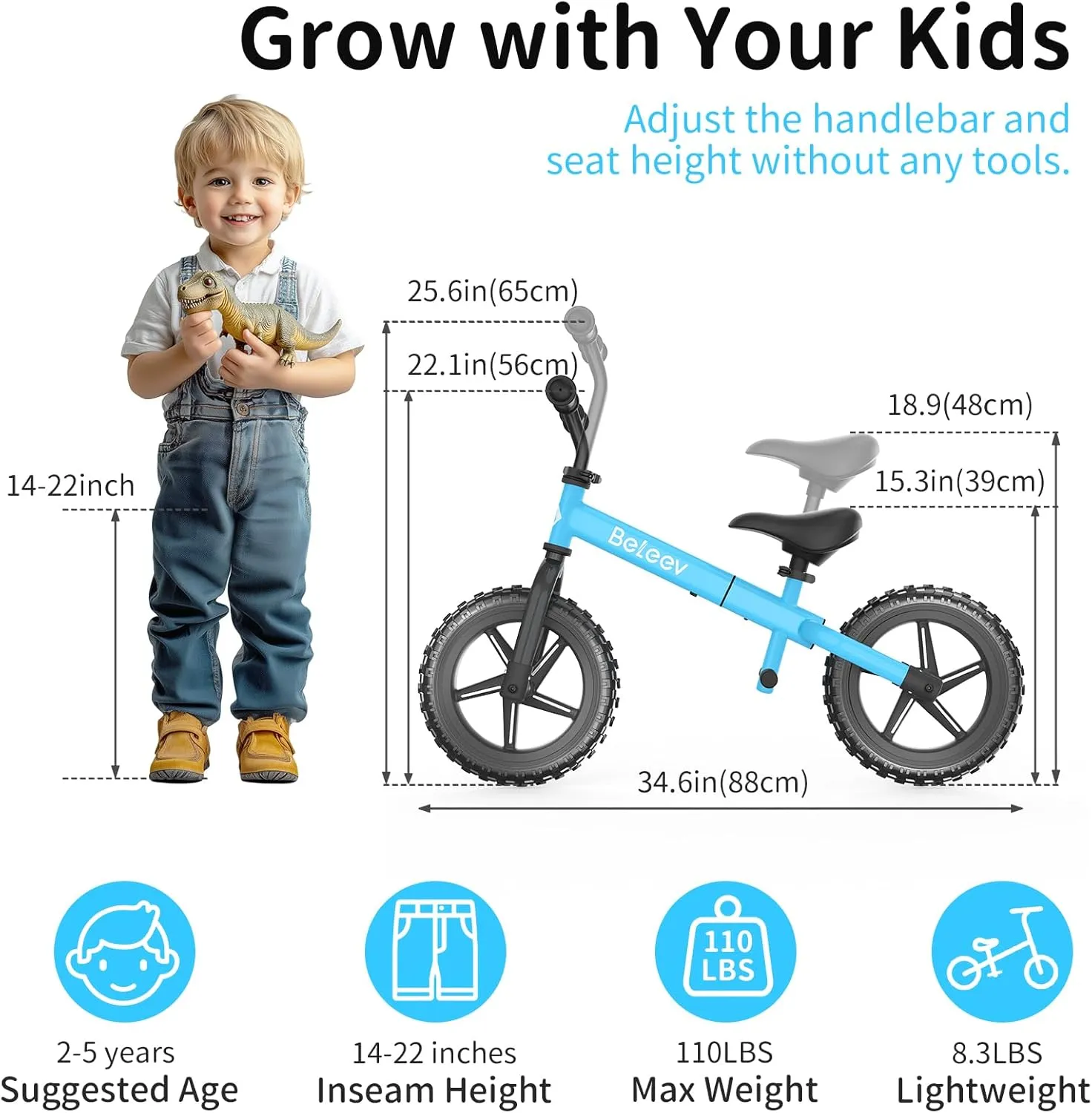 BELEEV C2 Toddler Balance Bike for 2-5 Year Olds with LED Light-Up Wheels, Adjustable Seat & Handlebar & Footrest, 12 inch No-Pedal Training Kids Push Bicycle - First Birthday Gift for Boys & Girls