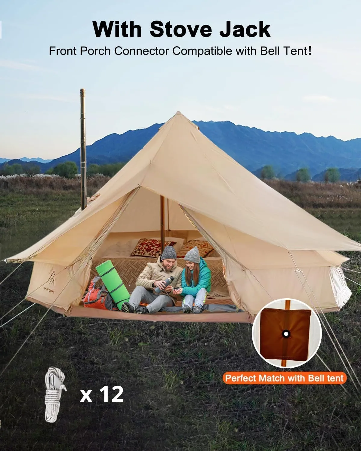 Bell Tent Rain Cover with Stove Jack and Roof Vents for Camping,Waterproof,PU5000,Glamping Bell Tent Rain Fly with Stove Jack,4 Season,(Beige, for 13ft(4m) Size)