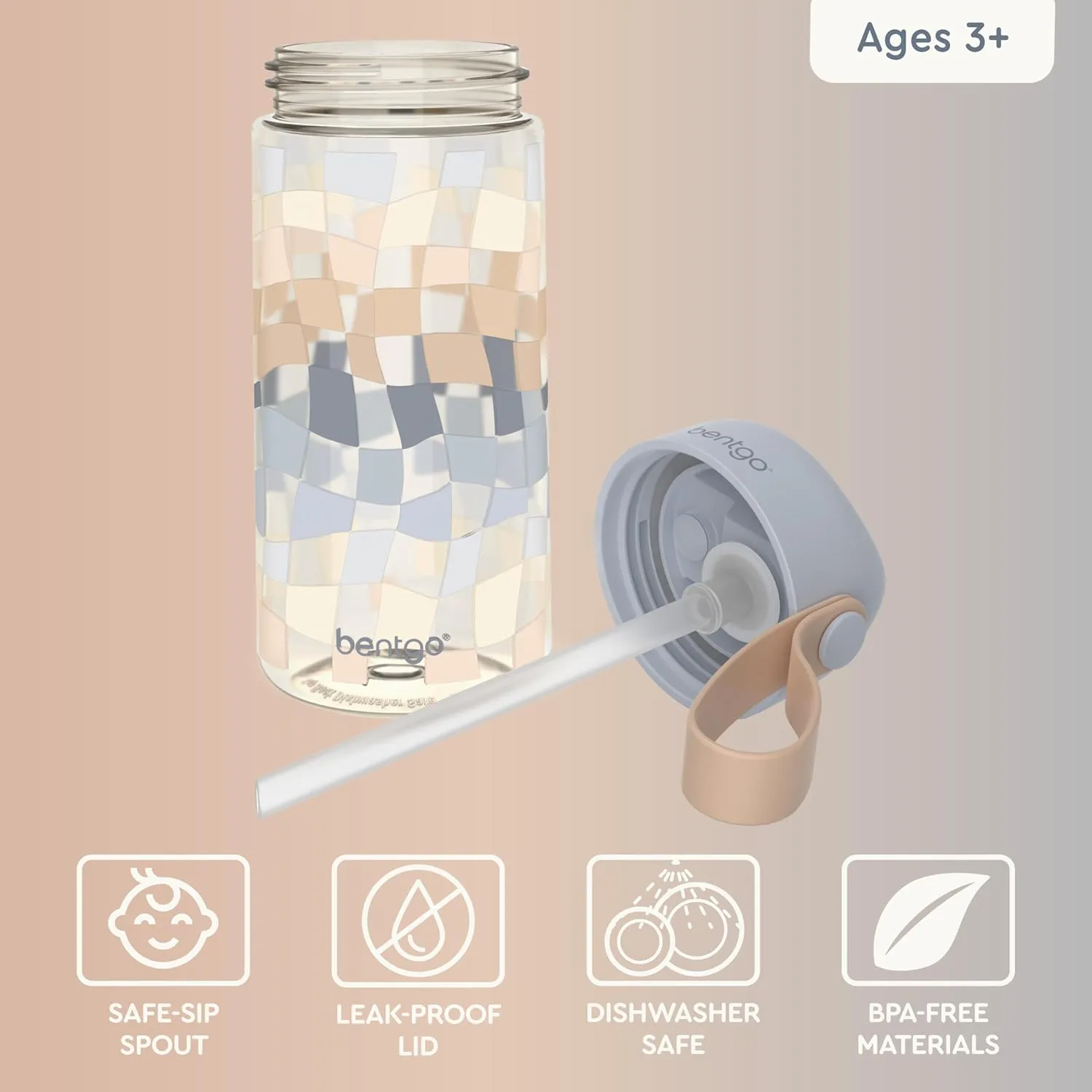 Bentgo Kids Water Bottle (Whimsy & Wonder Collection) - Leak-Proof Durable Tritan 15 oz. Cup for Kids/Toddlers 3 ; Flip-Up Safe-Sip Straw for School, Sports, Daycare, Camp & More (Checker Gradient)