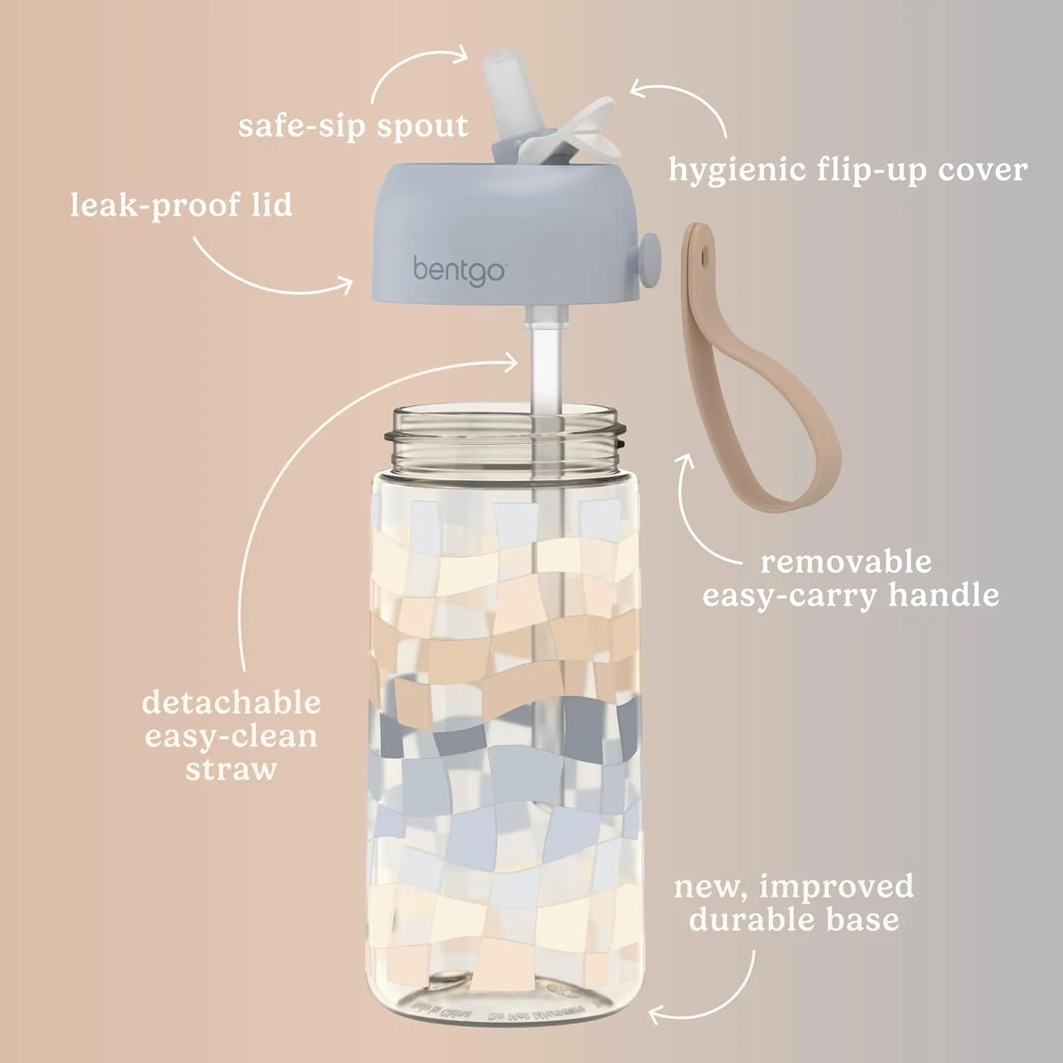 Bentgo Kids Water Bottle (Whimsy & Wonder Collection) - Leak-Proof Durable Tritan 15 oz. Cup for Kids/Toddlers 3 ; Flip-Up Safe-Sip Straw for School, Sports, Daycare, Camp & More (Checker Gradient)