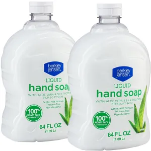 Berkley Jensen Hand Soap Refills, Liquid Soothing Aloe Vera Moisturizing Refill 64 Fl Oz (Pack of 2) Silk Proteind Soft Soap for Soft Skin