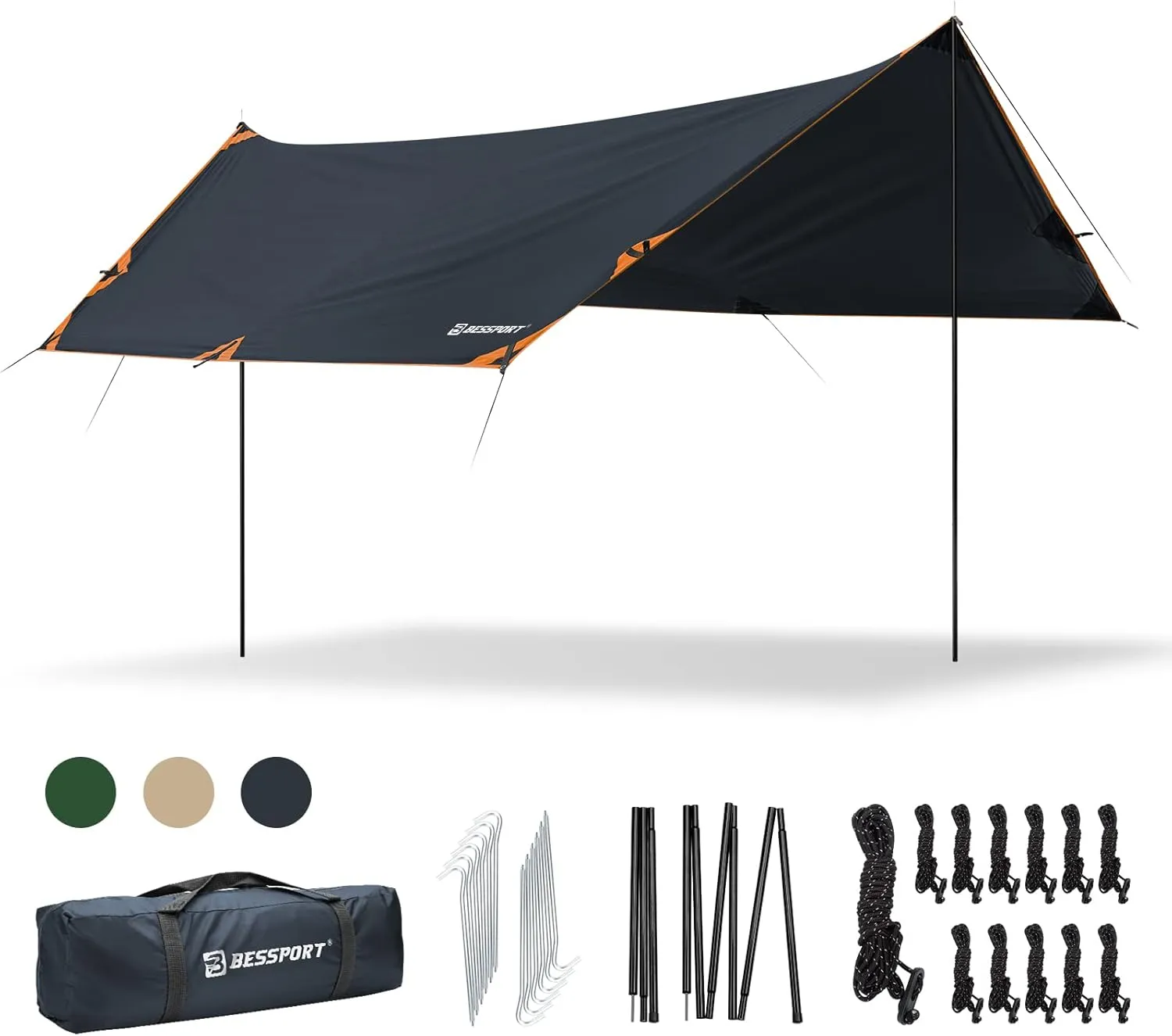 Bessport Camping Tarp, 169.8FT with 2 Poles, Lightweight Car Awning Sunshade, Portable Multifunctional Backpacking Rain Fly Hammock for Outdoor, Traveling