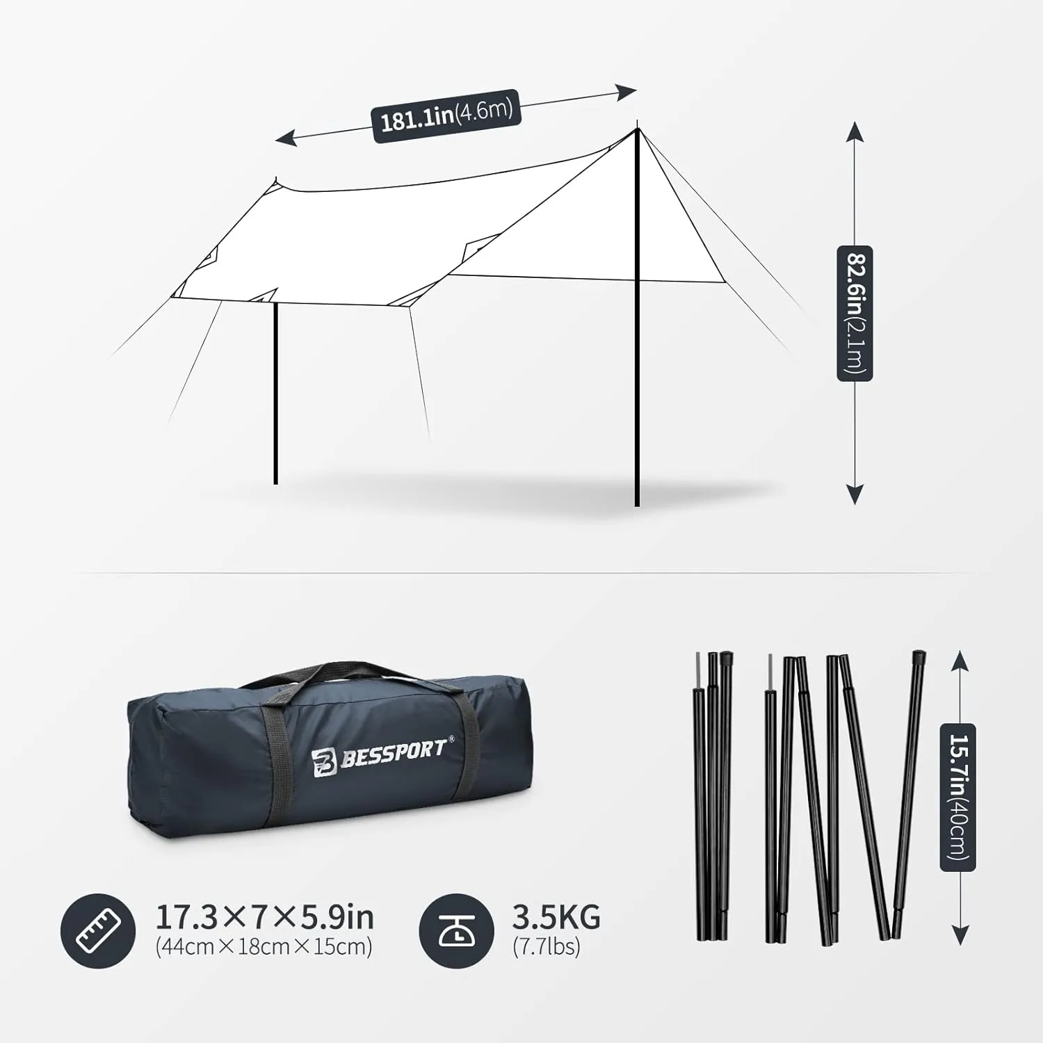 Bessport Camping Tarp, 169.8FT with 2 Poles, Lightweight Car Awning Sunshade, Portable Multifunctional Backpacking Rain Fly Hammock for Outdoor, Traveling