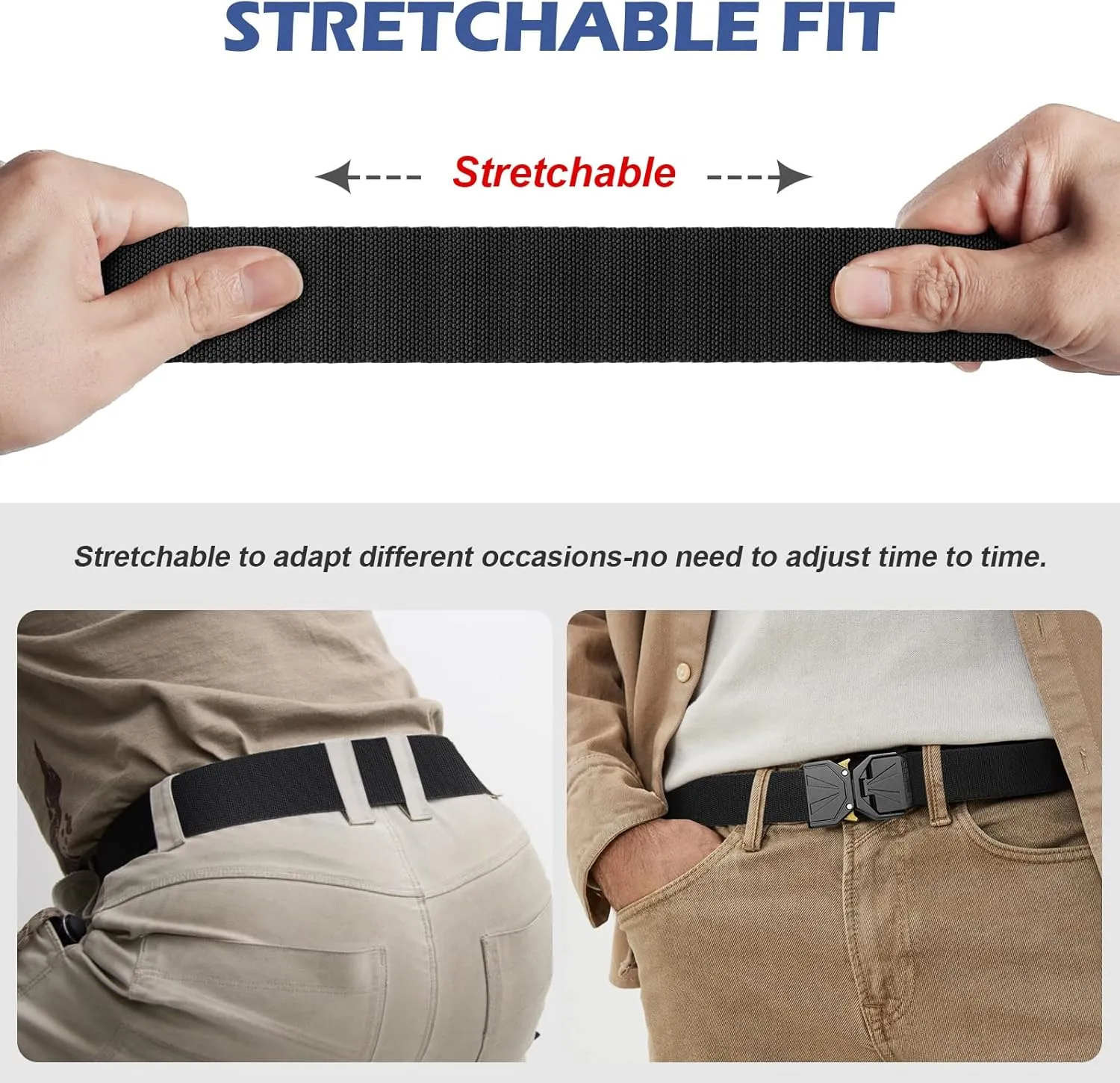 BESTKEE 2 Pack Tactical Belt, Men's Military Stretch Nylon Web Belt for Hiking Work with Heavy-Duty Quick Release Buckle