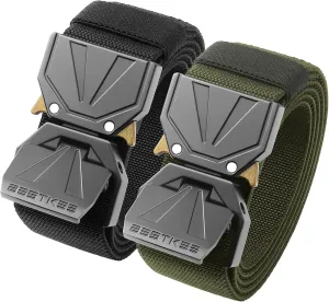 BESTKEE 2 Pack Tactical Belt, Men's Military Stretch Nylon Web Belt for Hiking Work with Heavy-Duty Quick Release Buckle