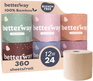 Betterway Unbleached Bamboo Toilet Paper Rolls - Eco-Friendly 3 Ply Toilet Tissue - 12 Double Rolls - 360 Sheets/Roll - Organic, FSC Certified, Septic Safe TP - Lint-Free, PFA-Free Bath Tissue