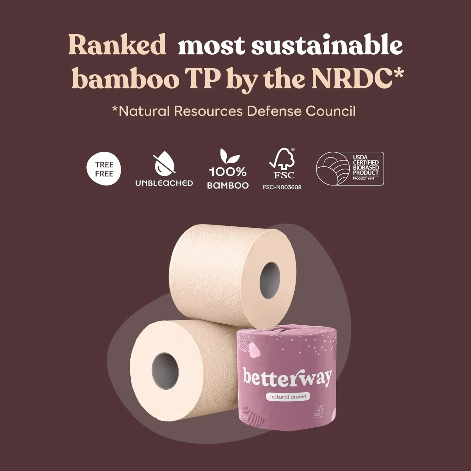 Betterway Unbleached Bamboo Toilet Paper Rolls - Eco-Friendly 3 Ply Toilet Tissue - 12 Double Rolls - 360 Sheets/Roll - Organic, FSC Certified, Septic Safe TP - Lint-Free, PFA-Free Bath Tissue