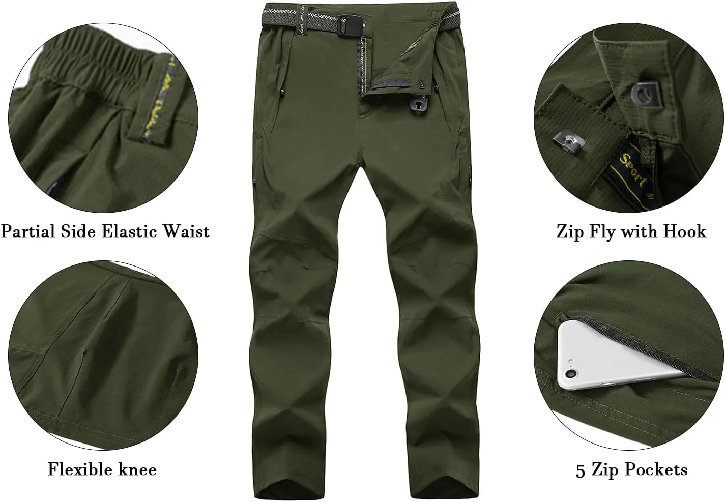 BGOWATU Men's Hiking Pants Quick Dry Lightweight Water Resistant Outdoor Sports Pants with Zipper Cargo Pockets