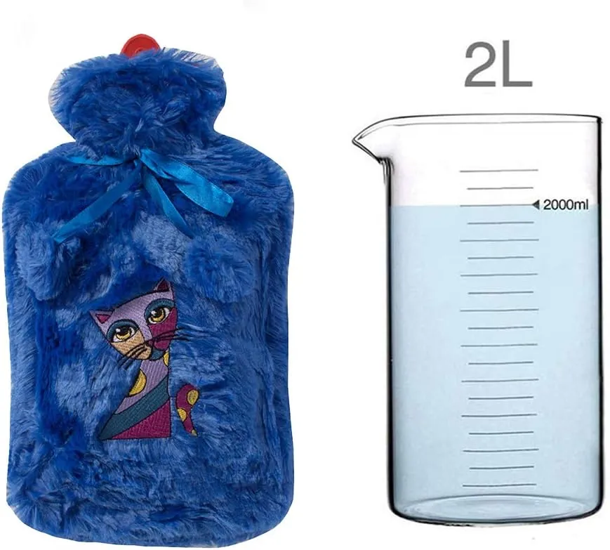 BiggDesign Hot Water Bottle Rubber with Fluffy Cover, Hot Water Bag for Shoulder Neck Period Cramp and Pain Relief, Hand Feet Warmer, Ideal for Cold and Hot Compress, Blue