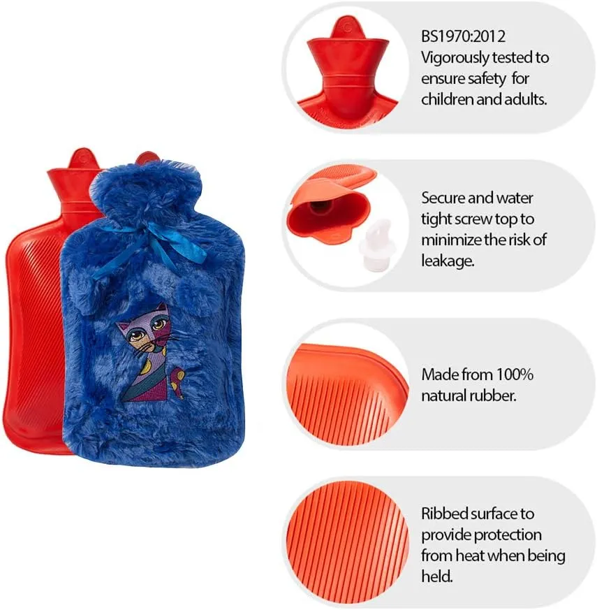 BiggDesign Hot Water Bottle Rubber with Fluffy Cover, Hot Water Bag for Shoulder Neck Period Cramp and Pain Relief, Hand Feet Warmer, Ideal for Cold and Hot Compress, Blue