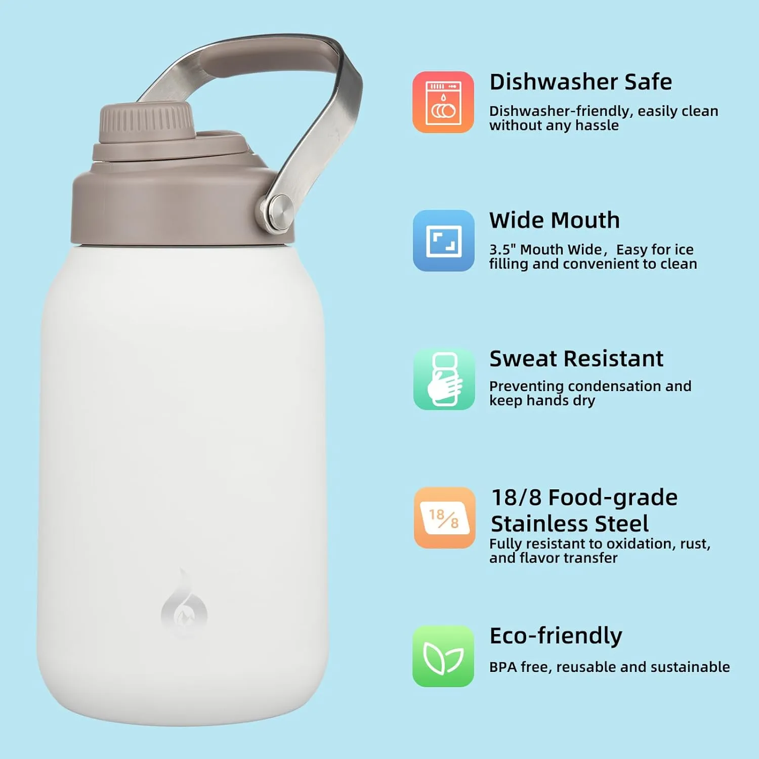 BJPKPK Half Gallon Insulated Water Bottles, 64oz Water Jug with Metal Handle & BPA Free Spout Lid, Dishwasher Safe Thermos, Large Stainless Steel Gym Sport Jugs, Milky White