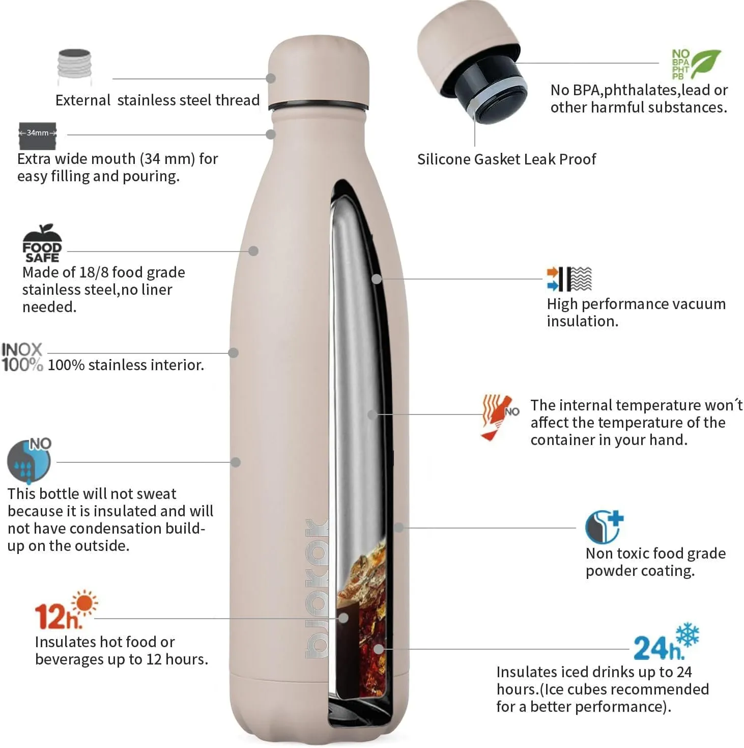 BJPKPK Insulated Water Bottle 25oz Stainless Steel Water Bottles Keep Cold And Hot, Apricot