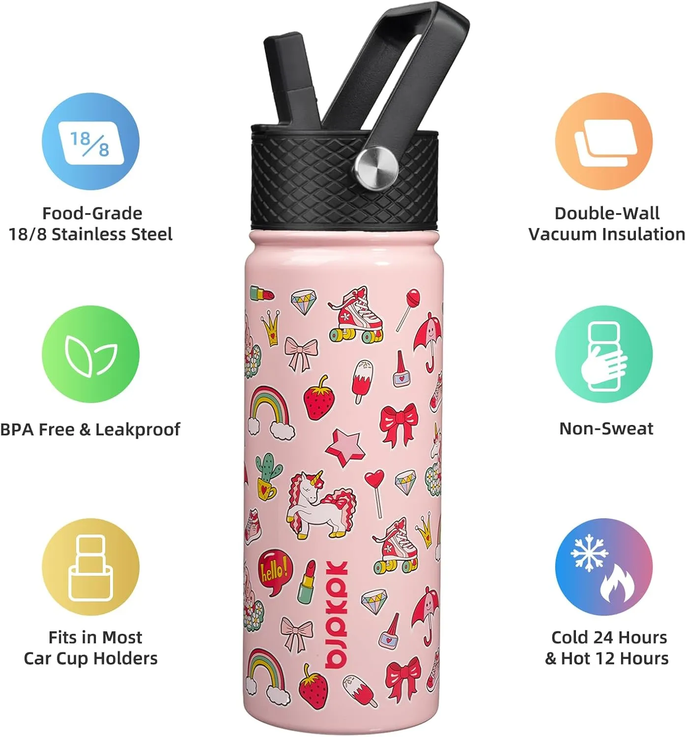BJPKPK Insulated Water Bottle with Straw Lid, 18 oz Stainless Steel Metal Water Bottles, Reusable Leak Proof BPA Free Water Bottles, Cups, Thermos, Unicorn