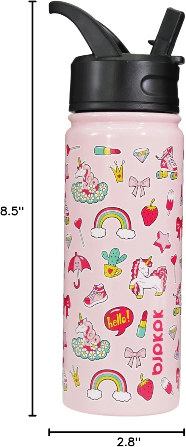 BJPKPK Insulated Water Bottle with Straw Lid, 18 oz Stainless Steel Metal Water Bottles, Reusable Leak Proof BPA Free Water Bottles, Cups, Thermos, Unicorn