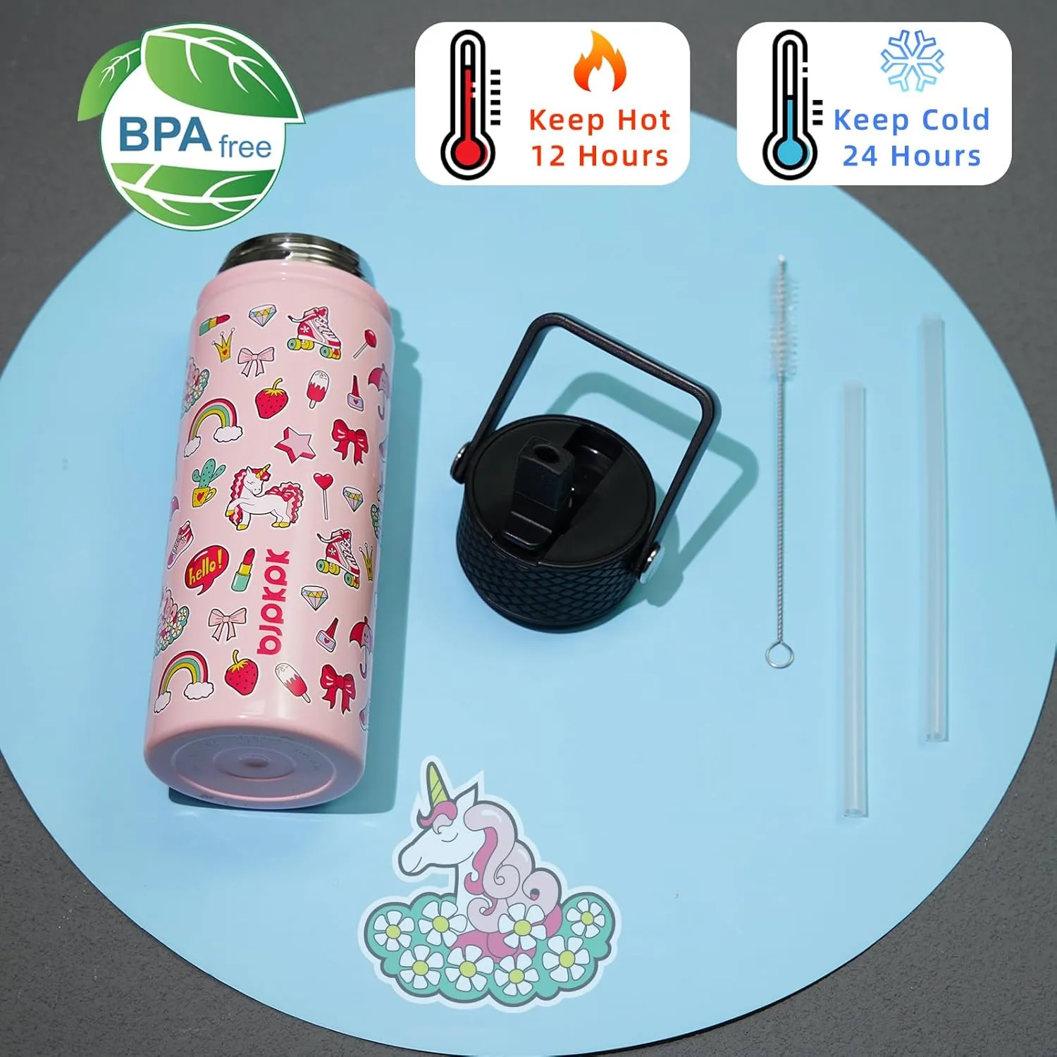 BJPKPK Insulated Water Bottle with Straw Lid, 18 oz Stainless Steel Metal Water Bottles, Reusable Leak Proof BPA Free Water Bottles, Cups, Thermos, Unicorn