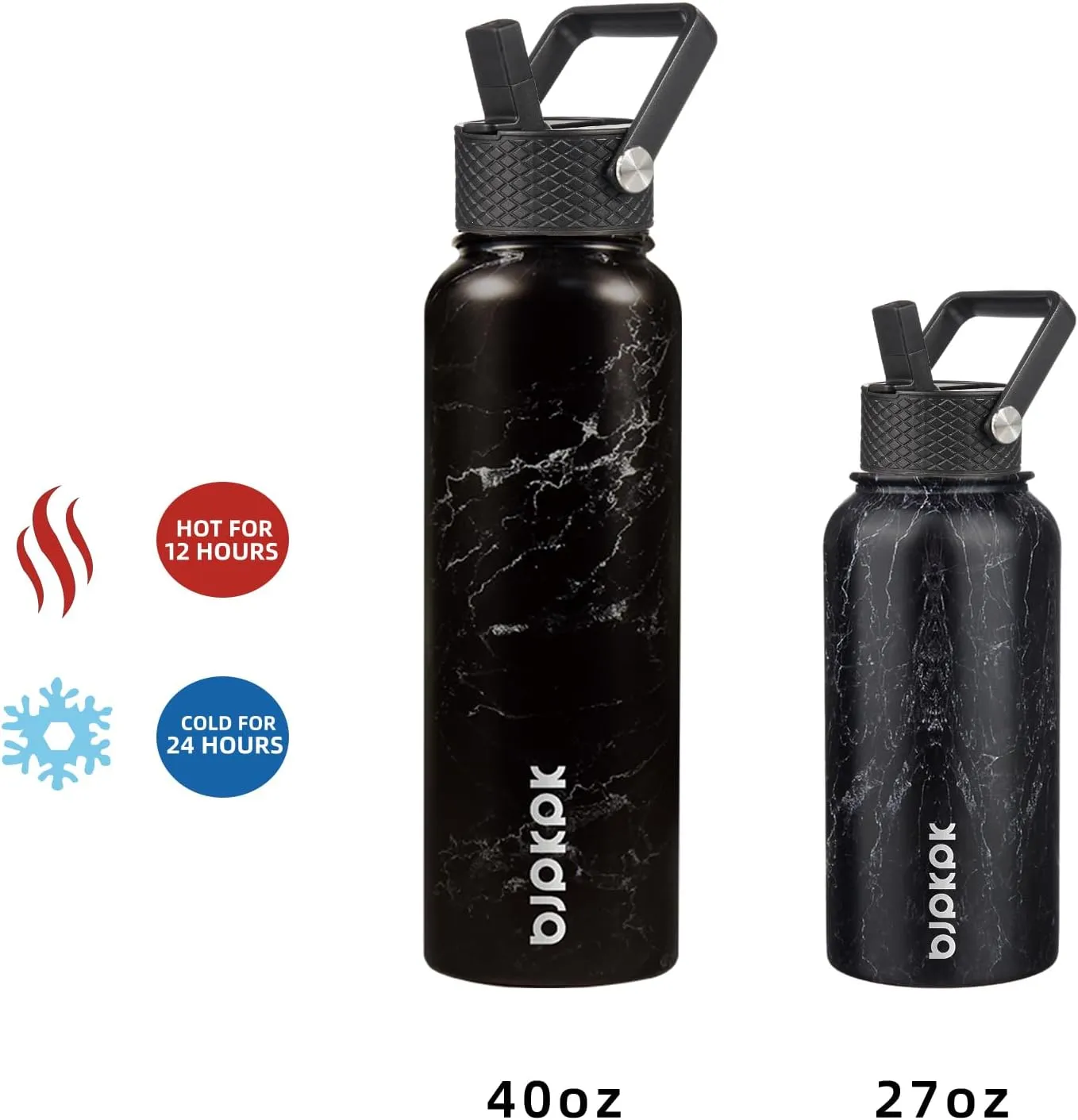 BJPKPK Insulated Water Bottles with Straw Lid, 40oz Stainless Steel Water Bottles with 3 Lids, BPA Free Leakproof Thermos, Tumblers, Cups for Sports, Gym- Midnight