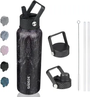BJPKPK Insulated Water Bottles with Straw Lid, 40oz Stainless Steel Water Bottles with 3 Lids, BPA Free Leakproof Thermos, Tumblers, Cups for Sports, Gym- Midnight
