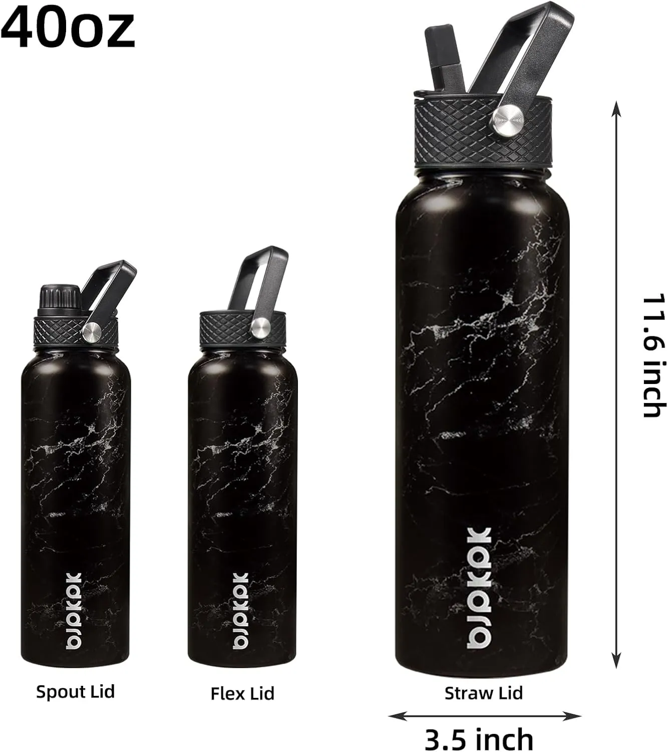 BJPKPK Insulated Water Bottles with Straw Lid, 40oz Stainless Steel Water Bottles with 3 Lids, BPA Free Leakproof Thermos, Tumblers, Cups for Sports, Gym- Midnight