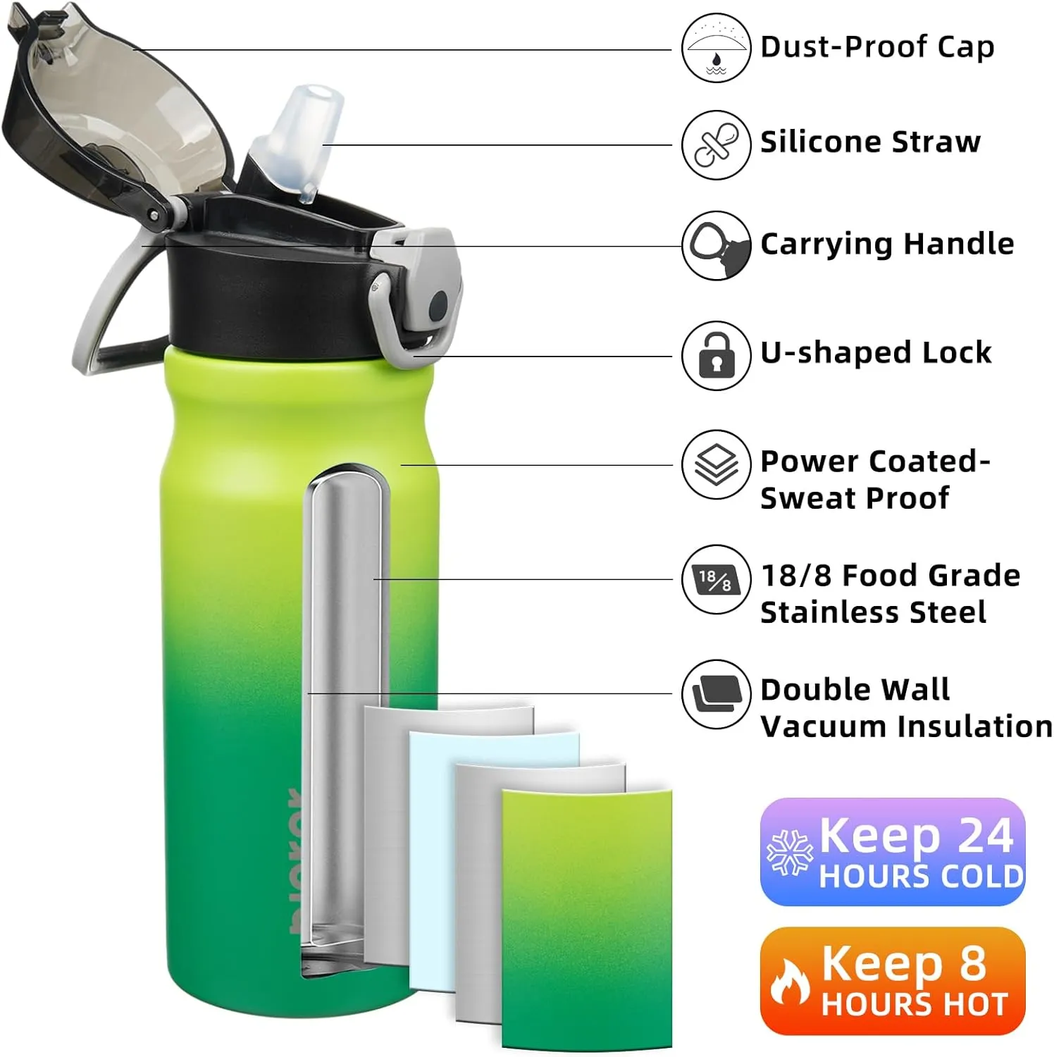 BJPKPK Stainless Steel Insulated Water Bottle With Straw Lid 18oz Reusable Metal Thermos Bottles Keep Cold And Hot,Bamboo Grove