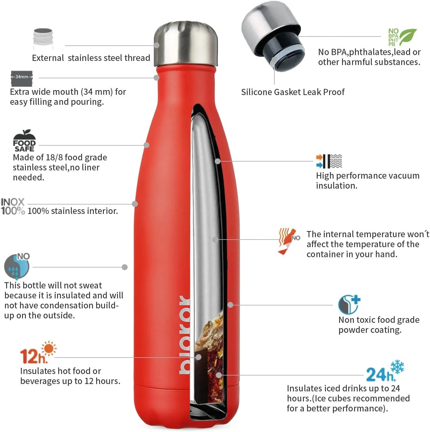 BJPKPK Stainless Steel Water Bottles 17oz Insulated Water Bottle Travel Sports Water Bottles BPA Free, Red (Pack of 2)