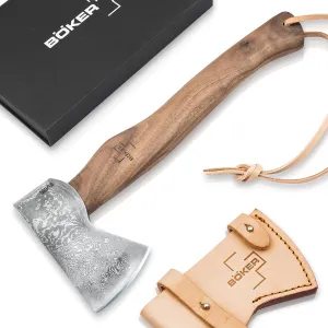 BÖKER PLUS® Appalachian Axe Damascus - Premium - Damascus Blade - with Damascus Head 360 Layers - Bushcraft, Camping, Hunting, Outdoor & Survival - with Wooden Handle nut & Leather Sheath