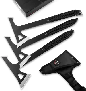BÖKER PLUS® Mohican - Throwing Axe Set of 3 Black - Double Axe Made of 3Cr13 Steel with Sheath - Bushcraft, Camping, Outdoor & Survival Axe - Hatchet Axe Kit for Throwing Training