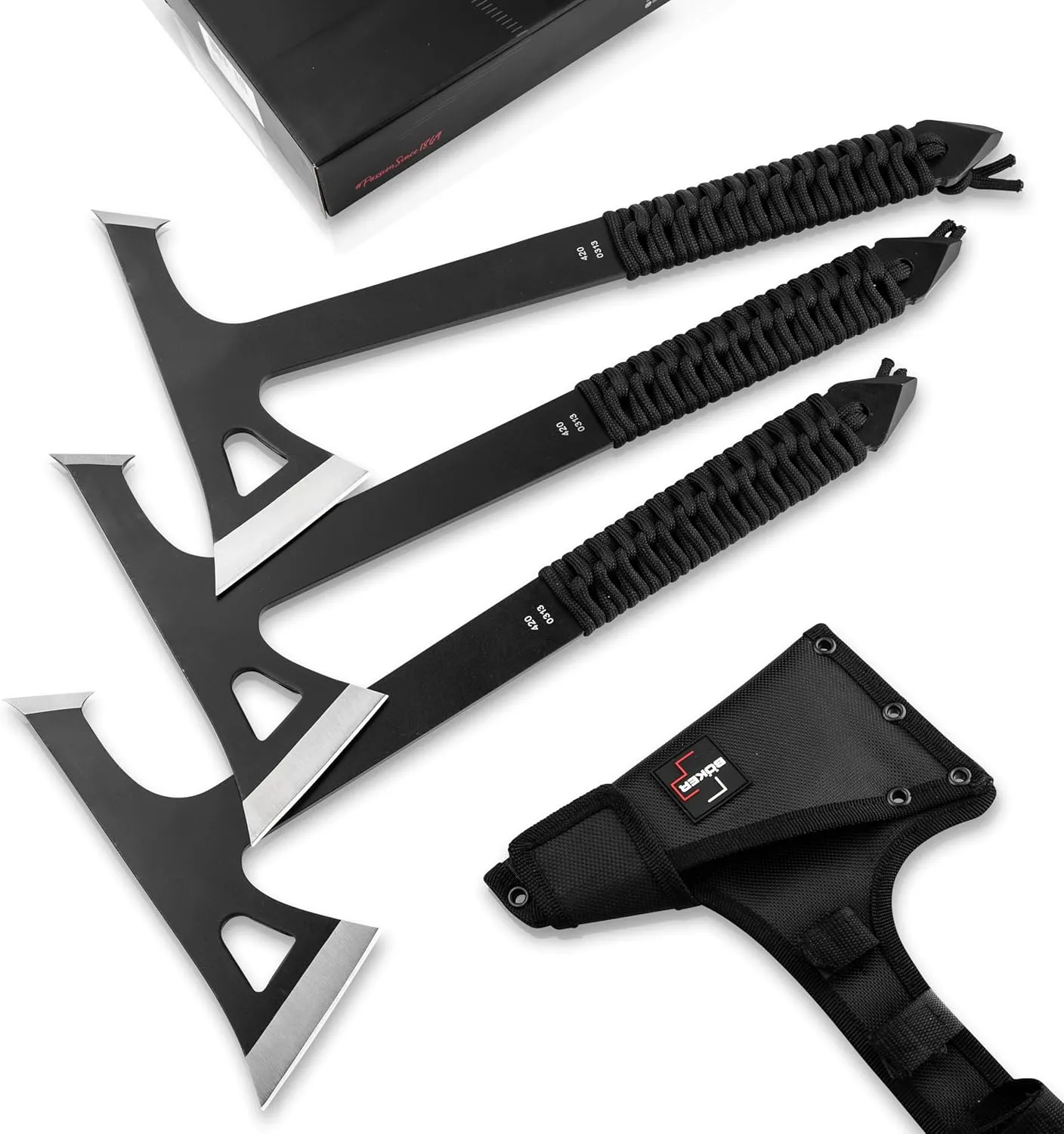 BÖKER PLUS® Mohican - Throwing Axe Set of 3 Black - Double Axe Made of 3Cr13 Steel with Sheath - Bushcraft, Camping, Outdoor & Survival Axe - Hatchet Axe Kit for Throwing Training
