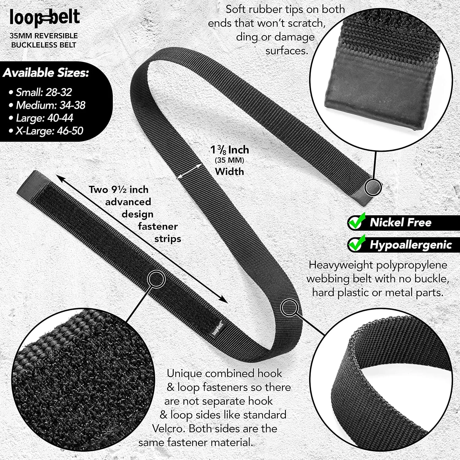Black No-Scratch Web Belt with Rubber Coated Tips and Advanced Hook & Loop Fasteners