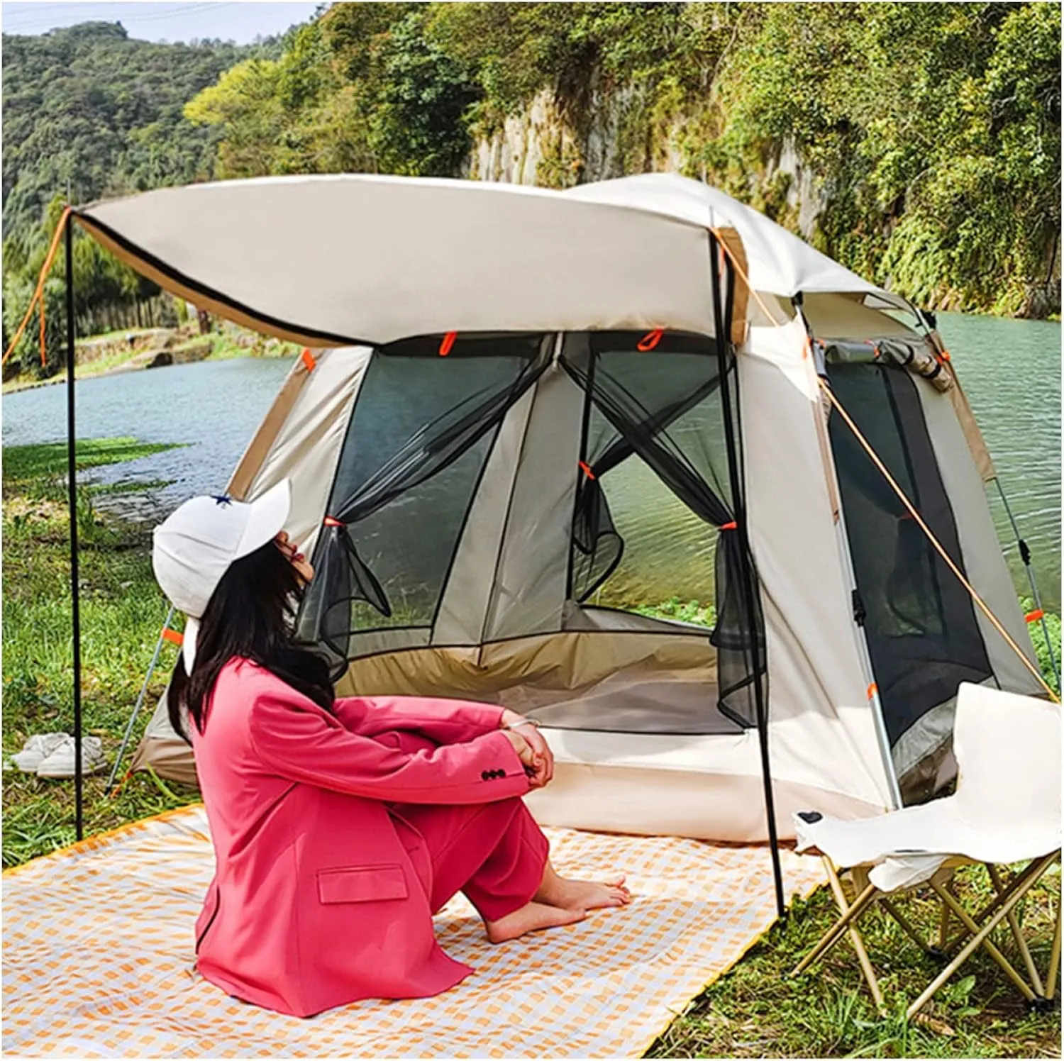 Blackout Tents for Camping Waterproof 4 People Insect-Proof,Double Doors and Four Windows Camping Tunnel Tent Stable and Lightweight Teepee Adult for Family Camping,Hiking Party