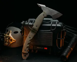 Bleeding Heart Hawk - OD Green Canvas Micarta, Black, White & Coyoyte G10 Pin Striping w/ Copper, Ultem Splits, CF Pins, Grooved Grip.