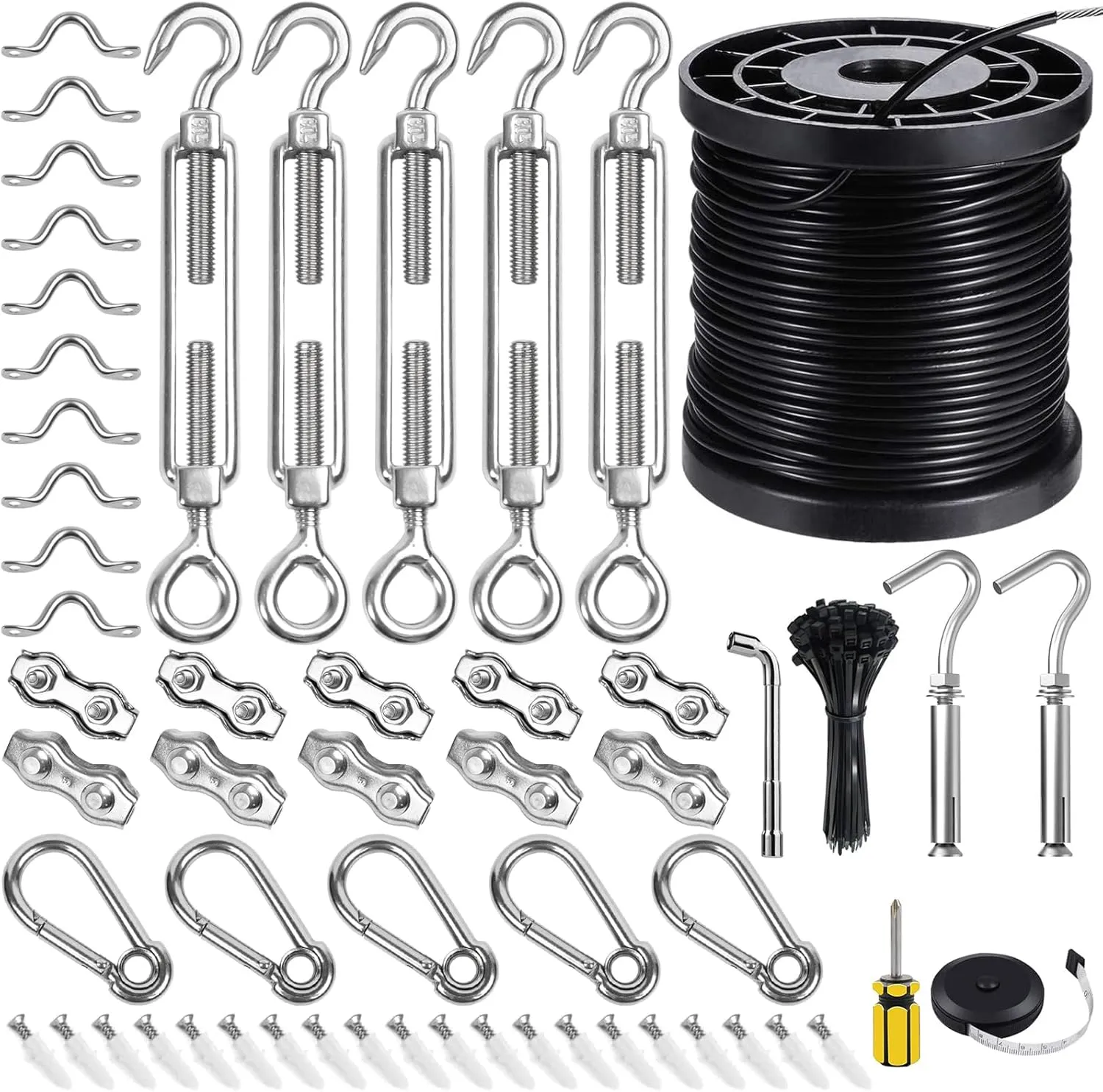 BLIKA String Light Hanging Kits, 170FT Coated Stainless Steel 304 Wire Rope, Outdoor Light Guide Wire, Globe String Light Suspension Kit Included Turnbuckles, Enough Accessories, Use Manual