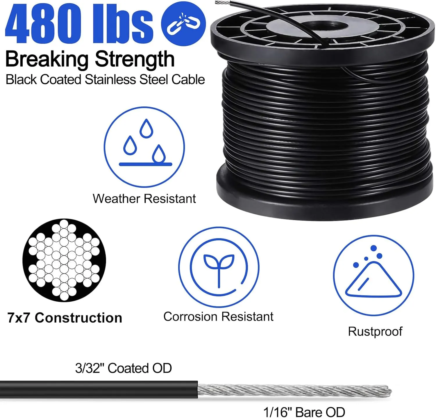 BLIKA String Light Hanging Kits, 170FT Coated Stainless Steel 304 Wire Rope, Outdoor Light Guide Wire, Globe String Light Suspension Kit Included Turnbuckles, Enough Accessories, Use Manual
