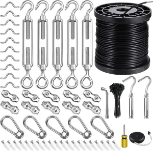 BLIKA String Light Hanging Kits, 170FT Coated Stainless Steel 304 Wire Rope, Outdoor Light Guide Wire, Globe String Light Suspension Kit Included Turnbuckles, Enough Accessories, Use Manual