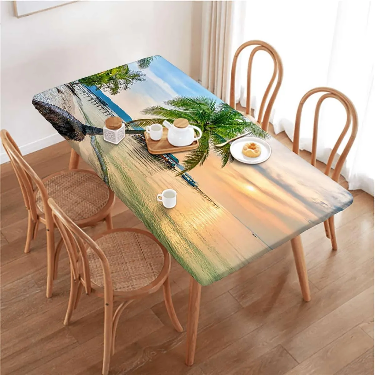 Blue Brown Fitted Tablecloth Tropic Palm Trees in Ocean Exotic Summer Wooden Boards Oil Proof Waterproof Tablecloth for Picnic Party Apartment Fits up 4 Foot Tables
