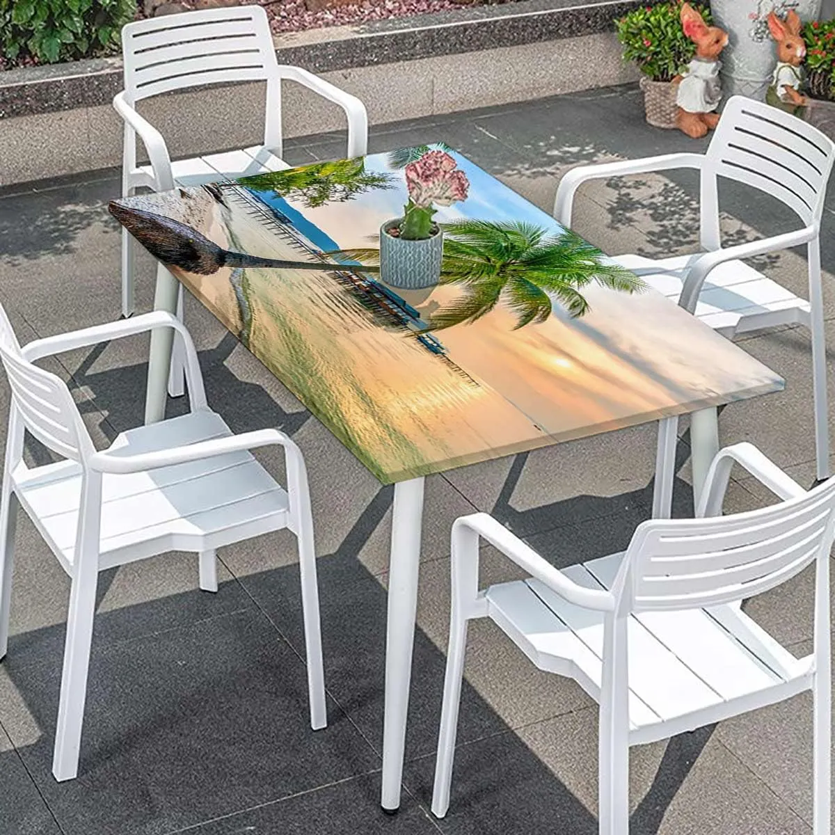 Blue Brown Fitted Tablecloth Tropic Palm Trees in Ocean Exotic Summer Wooden Boards Oil Proof Waterproof Tablecloth for Picnic Party Apartment Fits up 4 Foot Tables