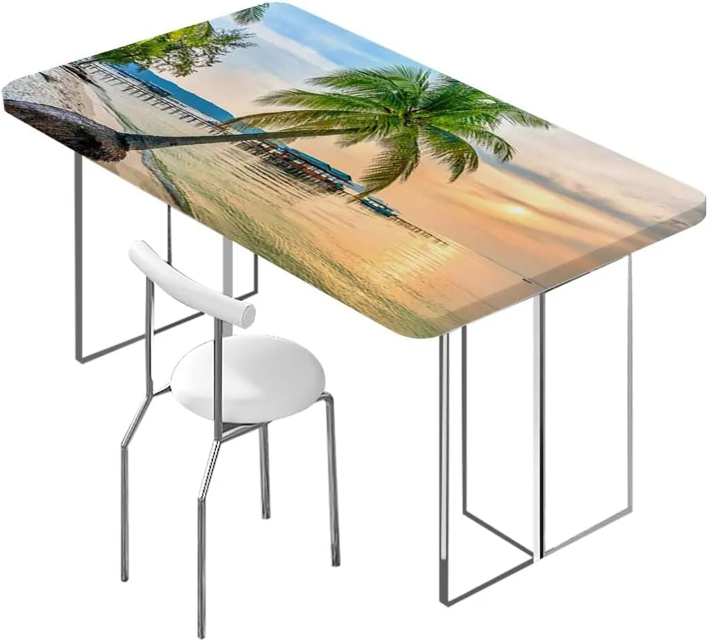 Blue Brown Fitted Tablecloth Tropic Palm Trees in Ocean Exotic Summer Wooden Boards Oil Proof Waterproof Tablecloth for Picnic Party Apartment Fits up 4 Foot Tables