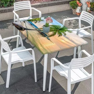 Blue Brown Fitted Tablecloth Tropic Palm Trees in Ocean Exotic Summer Wooden Boards Oil Proof Waterproof Tablecloth for Picnic Party Apartment Fits up 4 Foot Tables